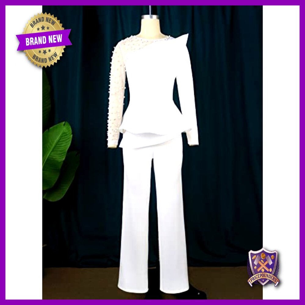 White Mesh Patchwork Bead Long Sleeve Peplum Jump… - image 3